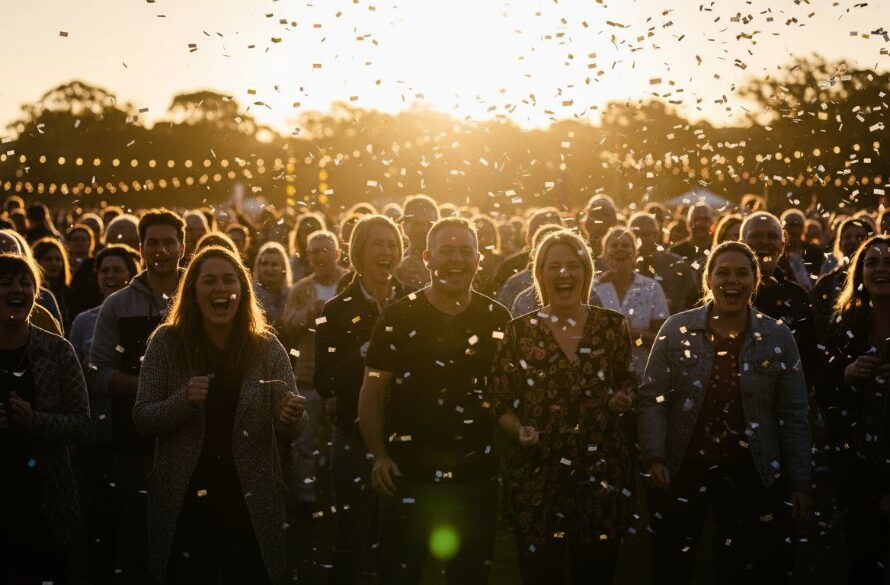 An epic moment of joy and celebration captured by professional event photography Morwell Victoria, featuring guests laughing and dancing under twinkling lights at a Morwell civic hall, showcasing the vibrant atmosphere and genuine emotions.