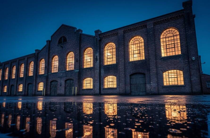Dramatic low-angle shot of a heritage brick facade in Albion at dusk, bathed in the golden hour glow, perfectly capturing Albion's architectural essence photography with a sense of timeless grandeur and intricate detail.