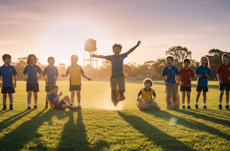 A wide-angle, vibrant, professional photograph capturing Alfredton school spirit professional photography, showing a group of diverse primary school children cheering enthusiastically on the oval at sunset, with the iconic Alfredton water tower subtly in the background, exuding joy and camaraderie.