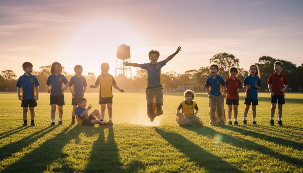 A wide-angle, vibrant, professional photograph capturing Alfredton school spirit professional photography, showing a group of diverse primary school children cheering enthusiastically on the oval at sunset, with the iconic Alfredton water tower subtly in the background, exuding joy and camaraderie.