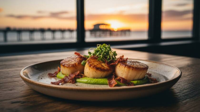 A dramatic close-up shot perfectly capturing Altona's bayside food photography, showcasing a vibrant dish of freshly grilled seafood on a rustic wooden table, with the soft, golden light of an Altona sunset reflecting on the bay in the background, professional and colour-graded.