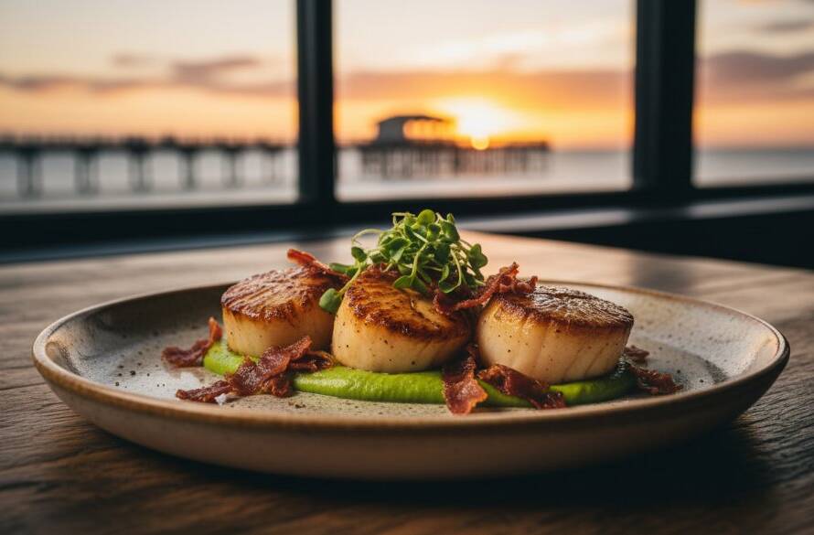 A dramatic close-up shot perfectly capturing Altona's bayside food photography, showcasing a vibrant dish of freshly grilled seafood on a rustic wooden table, with the soft, golden light of an Altona sunset reflecting on the bay in the background, professional and colour-graded.