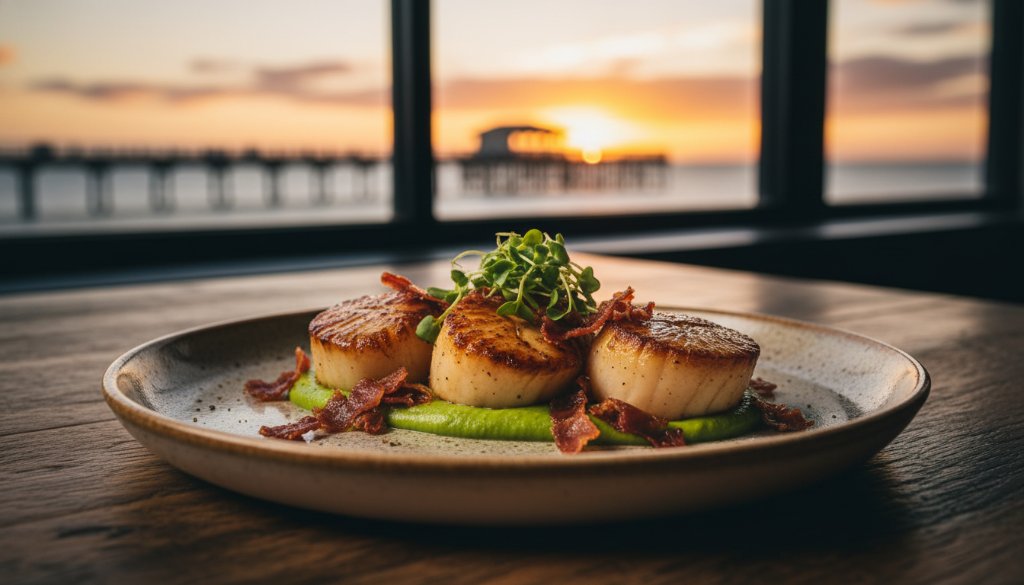A dramatic close-up shot perfectly capturing Altona's bayside food photography, showcasing a vibrant dish of freshly grilled seafood on a rustic wooden table, with the soft, golden light of an Altona sunset reflecting on the bay in the background, professional and colour-graded.