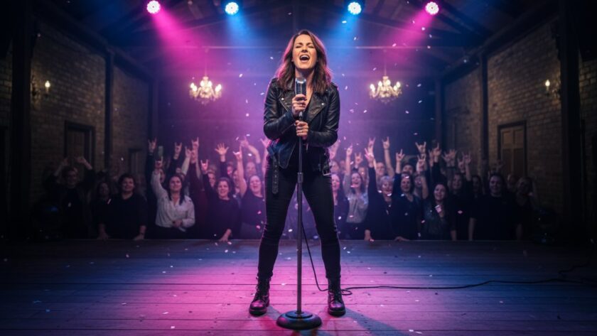 A dynamic wide shot of a lead guitarist mid-shred on stage during a bustling live concert in Ararat, bathed in dramatic red and blue stage lights, expertly Capturing Ararat live music photography magic with vibrant energy and audience interaction visible.