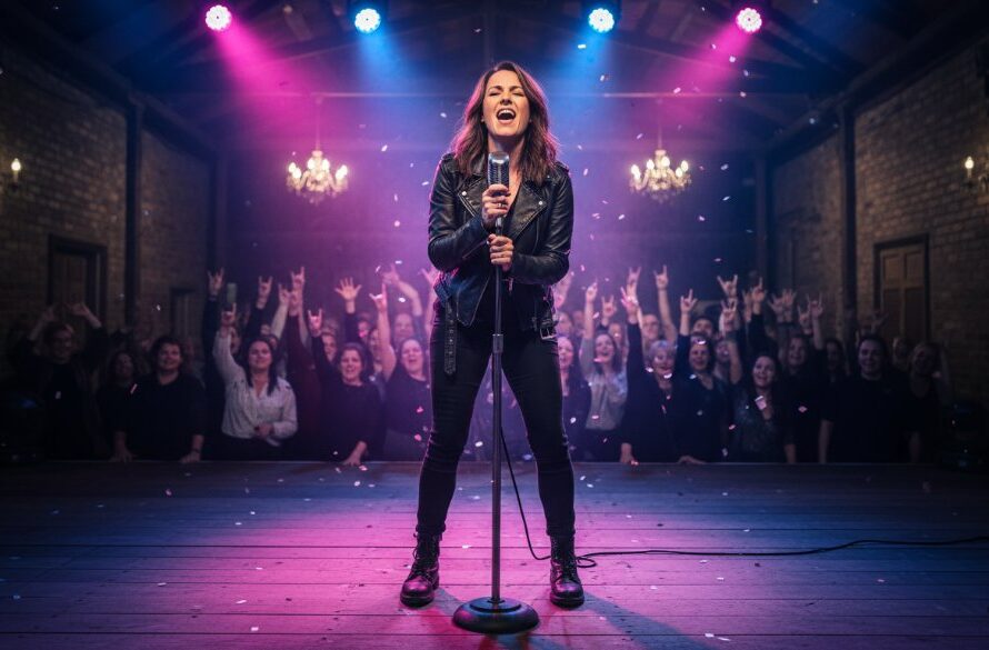 A dynamic wide shot of a lead guitarist mid-shred on stage during a bustling live concert in Ararat, bathed in dramatic red and blue stage lights, expertly Capturing Ararat live music photography magic with vibrant energy and audience interaction visible.