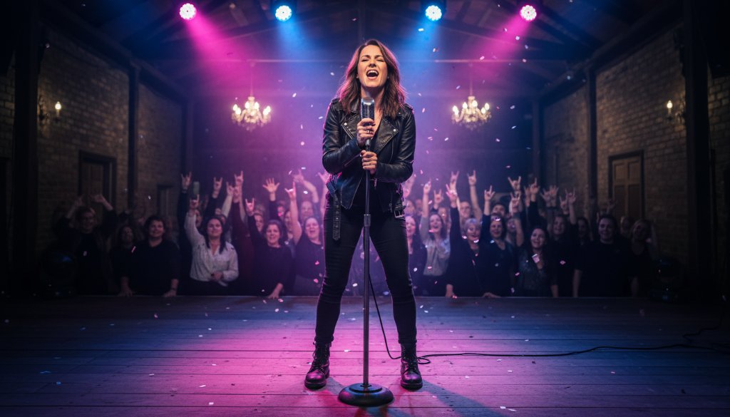 A dynamic wide shot of a lead guitarist mid-shred on stage during a bustling live concert in Ararat, bathed in dramatic red and blue stage lights, expertly Capturing Ararat live music photography magic with vibrant energy and audience interaction visible.