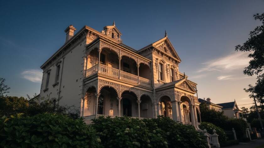 An epic, dramatically lit photograph highlighting intricate Victorian iron lacework and stucco details on a heritage building in Armadale, perfectly capturing Armadale's Victorian architecture photography details at sunset.