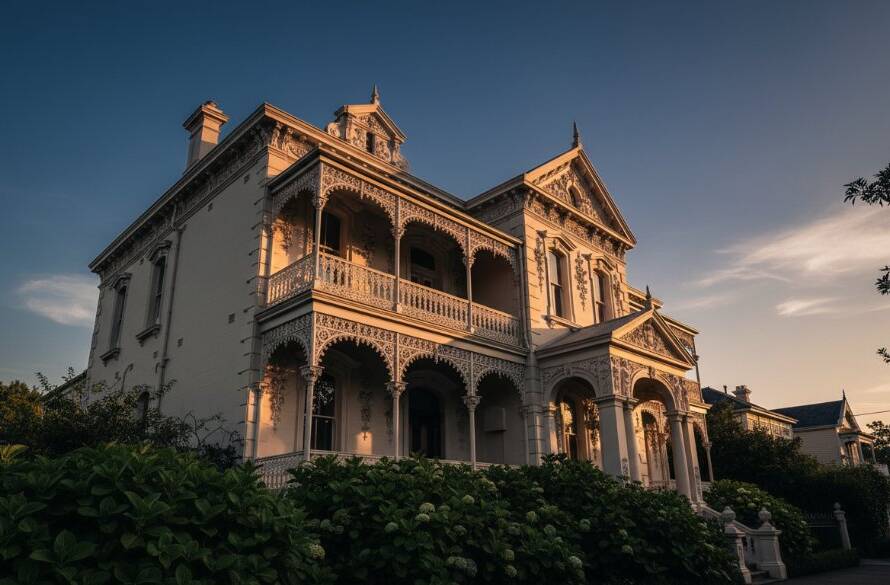 An epic, dramatically lit photograph highlighting intricate Victorian iron lacework and stucco details on a heritage building in Armadale, perfectly capturing Armadale's Victorian architecture photography details at sunset.