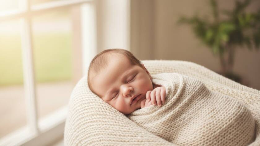 A stunning, soft-focus portrait of a newborn baby swaddled in cream fabric, peacefully sleeping in a rustic wooden prop, bathed in ethereal, golden-hour light filtering through a window, against a backdrop evoking a serene Caulfield garden, embodying Capturing Artistic Newborn Photography Caulfield Victoria with timeless elegance.