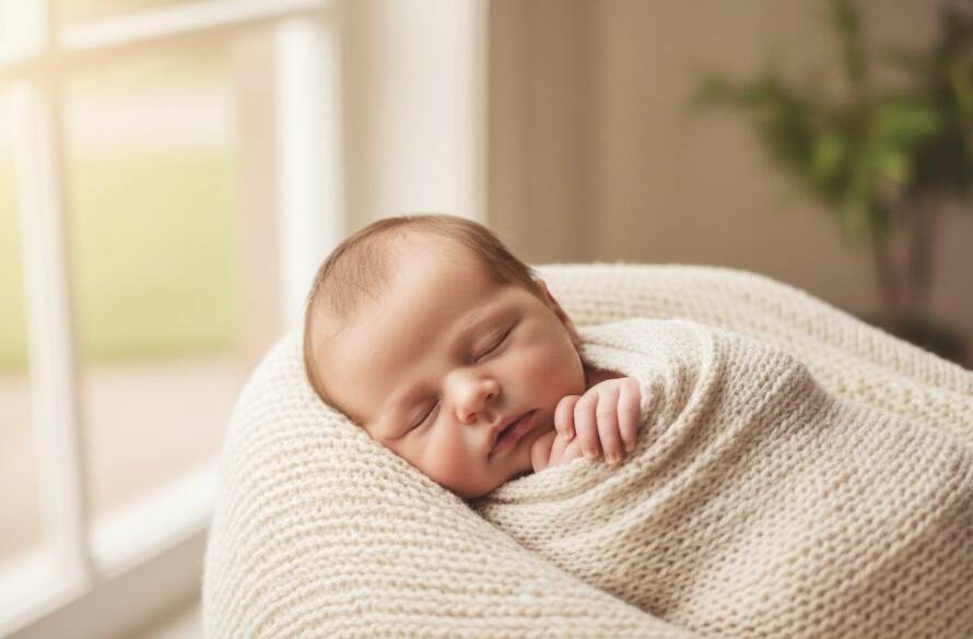 A stunning, soft-focus portrait of a newborn baby swaddled in cream fabric, peacefully sleeping in a rustic wooden prop, bathed in ethereal, golden-hour light filtering through a window, against a backdrop evoking a serene Caulfield garden, embodying Capturing Artistic Newborn Photography Caulfield Victoria with timeless elegance.