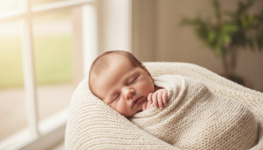 A stunning, soft-focus portrait of a newborn baby swaddled in cream fabric, peacefully sleeping in a rustic wooden prop, bathed in ethereal, golden-hour light filtering through a window, against a backdrop evoking a serene Caulfield garden, embodying Capturing Artistic Newborn Photography Caulfield Victoria with timeless elegance.