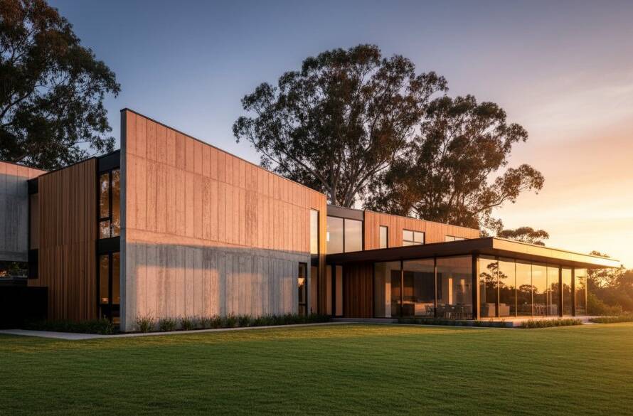 Dramatic sunset shot of a classic Art Deco building in Ashwood, Victoria, with warm golden hour light highlighting intricate details, perfectly illustrating Capturing Ashwood's architectural charm with professional photography, framed against a deep blue sky.