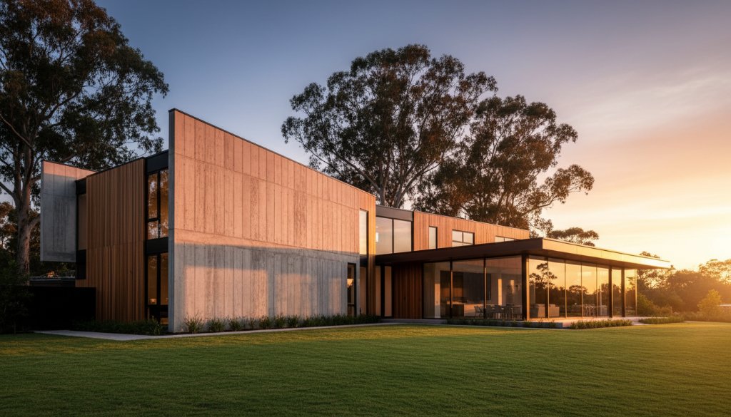 Dramatic sunset shot of a classic Art Deco building in Ashwood, Victoria, with warm golden hour light highlighting intricate details, perfectly illustrating Capturing Ashwood's architectural charm with professional photography, framed against a deep blue sky.