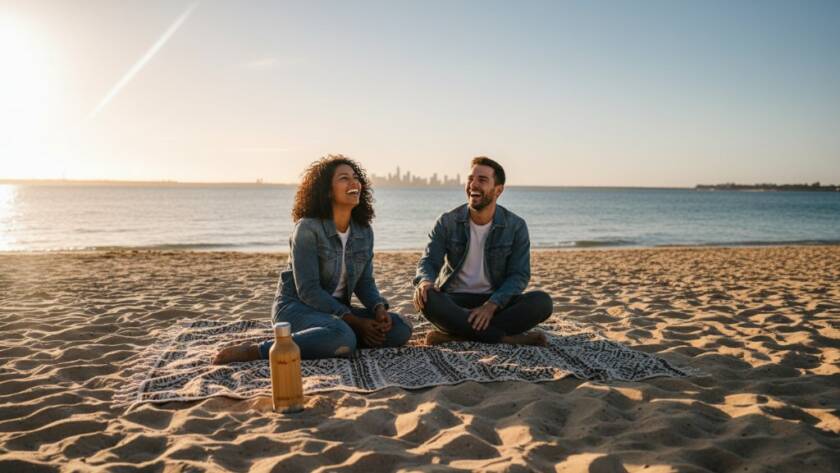 A dramatic aerial shot capturing Aspendale beachfront advertising photography vibrance, featuring a stylish product launch on the sand with golden hour sunlight glinting off the water and models, showcasing an epic moment of brand connection.