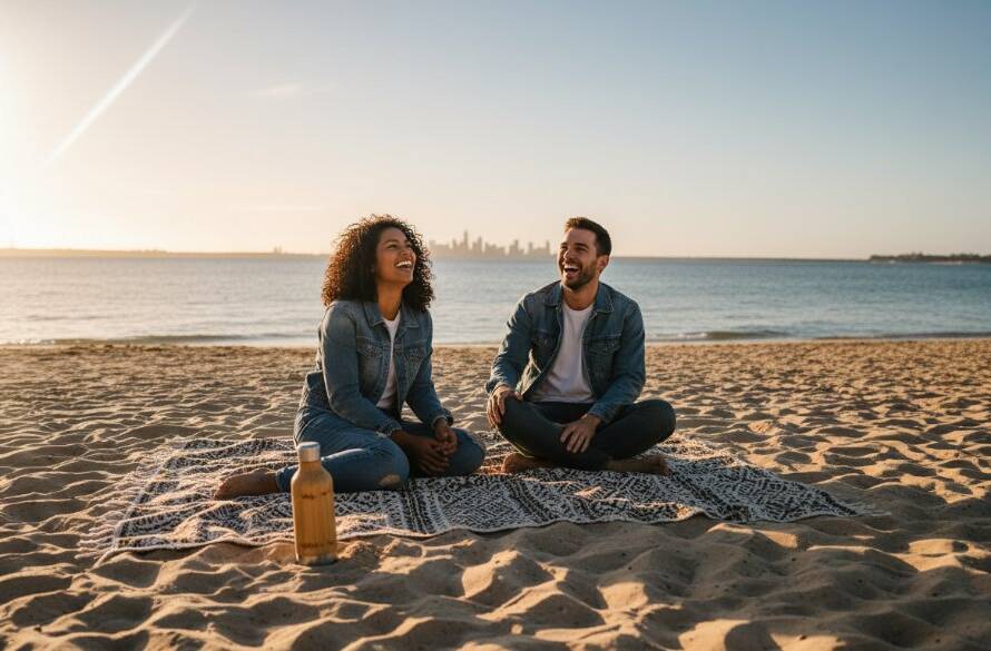 A dramatic aerial shot capturing Aspendale beachfront advertising photography vibrance, featuring a stylish product launch on the sand with golden hour sunlight glinting off the water and models, showcasing an epic moment of brand connection.