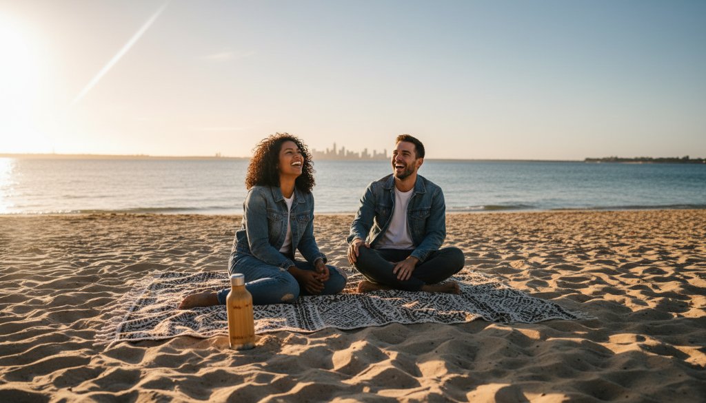 A dramatic aerial shot capturing Aspendale beachfront advertising photography vibrance, featuring a stylish product launch on the sand with golden hour sunlight glinting off the water and models, showcasing an epic moment of brand connection.