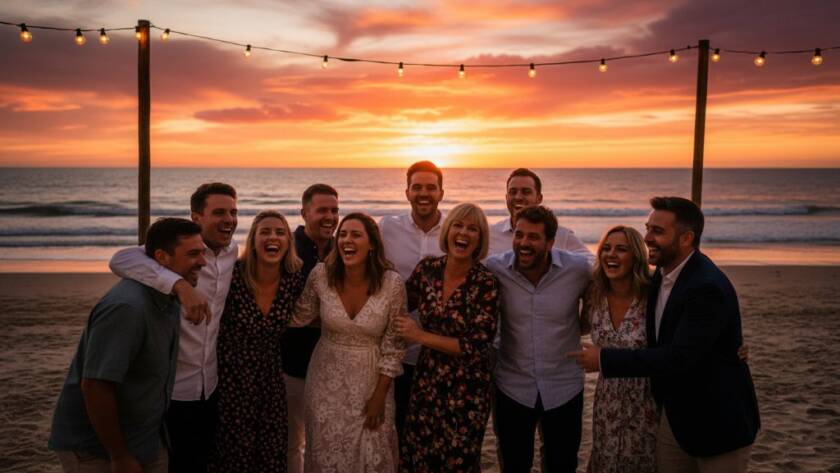 An epic moment of joy and laughter at an outdoor celebration, with guests dancing under string lights on the Aspendale beachfront in Victoria, beautifully captured by a professional photographer, embodying the spirit of Aspendale beachfront events Victoria.