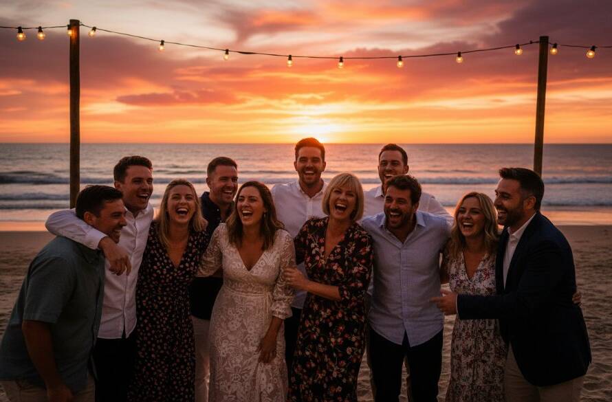 An epic moment of joy and laughter at an outdoor celebration, with guests dancing under string lights on the Aspendale beachfront in Victoria, beautifully captured by a professional photographer, embodying the spirit of Aspendale beachfront events Victoria.