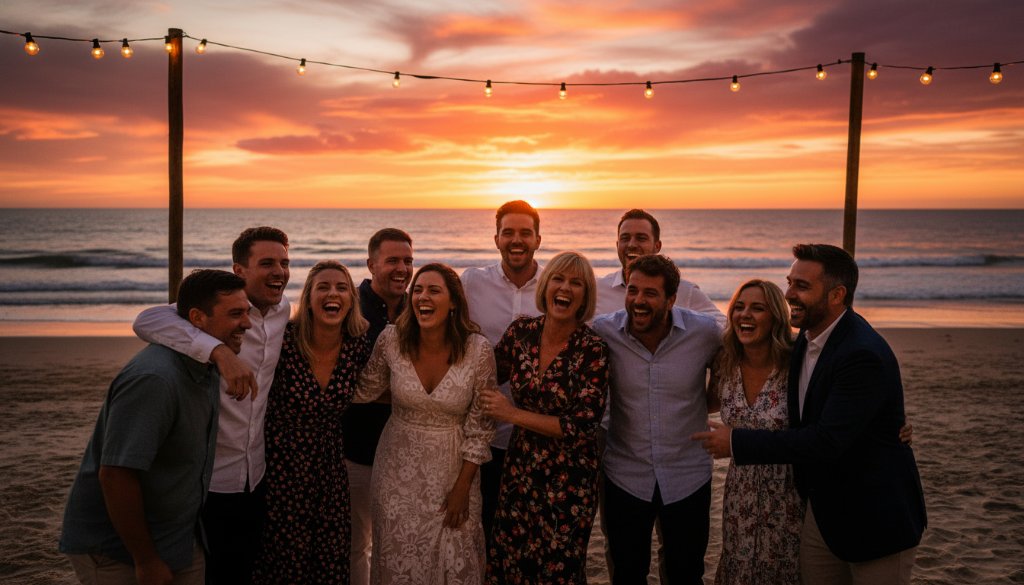 An epic moment of joy and laughter at an outdoor celebration, with guests dancing under string lights on the Aspendale beachfront in Victoria, beautifully captured by a professional photographer, embodying the spirit of Aspendale beachfront events Victoria.