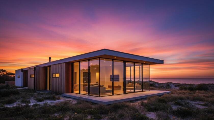 An epic moment photograph showcasing the sleek lines and expansive glass of a contemporary beach house in Aspendale at twilight, perfectly capturing Aspendale's modern coastal architecture photography amidst a dramatic sunset sky.
