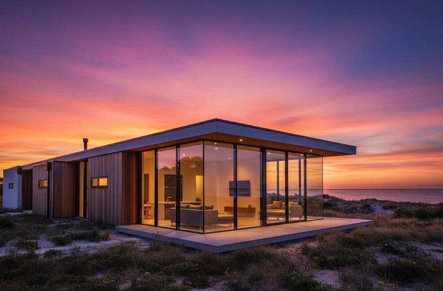 An epic moment photograph showcasing the sleek lines and expansive glass of a contemporary beach house in Aspendale at twilight, perfectly capturing Aspendale's modern coastal architecture photography amidst a dramatic sunset sky.