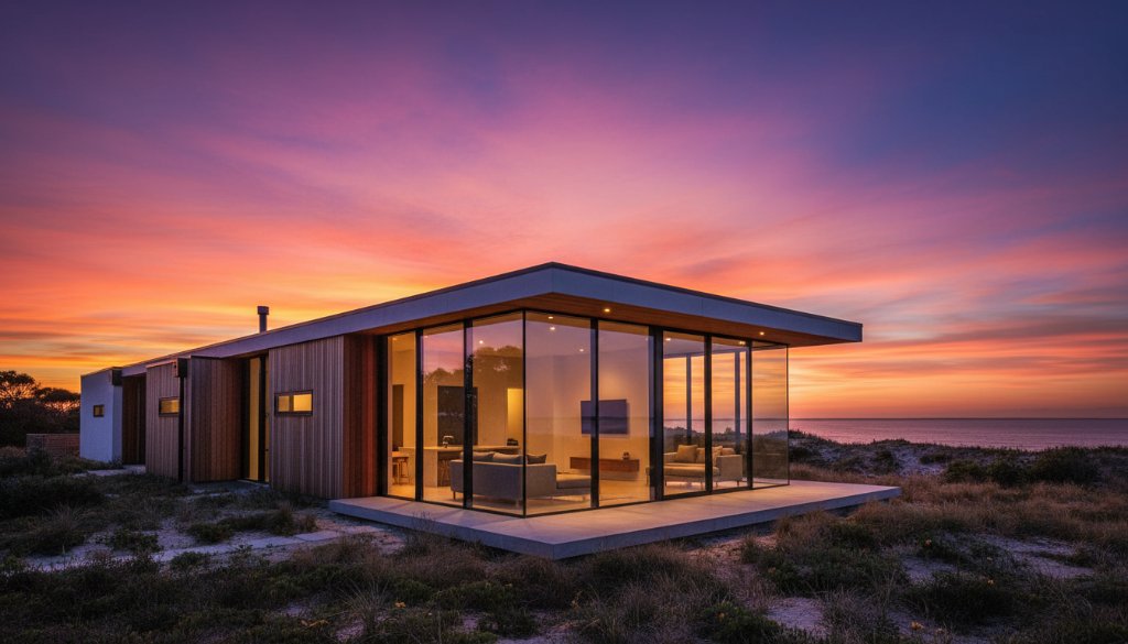 An epic moment photograph showcasing the sleek lines and expansive glass of a contemporary beach house in Aspendale at twilight, perfectly capturing Aspendale's modern coastal architecture photography amidst a dramatic sunset sky.