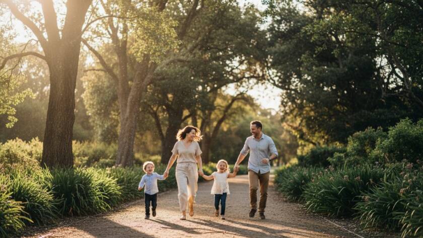 A joyful family of four, parents laughing as their children run through golden hour light in a beautiful Armadale park, perfectly capturing authentic Armadale family photography moments with warm, cinematic tones.