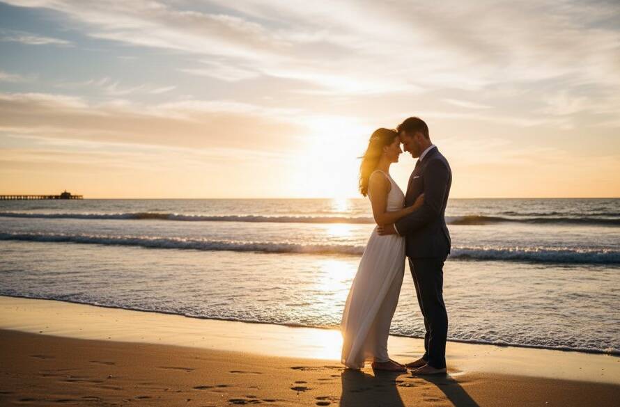 An epic moment of a newlywed couple embracing passionately at sunset on Aspendale beach, with the golden light reflecting off the water, perfectly encapsulating authentic Aspendale beach wedding photography memories.
