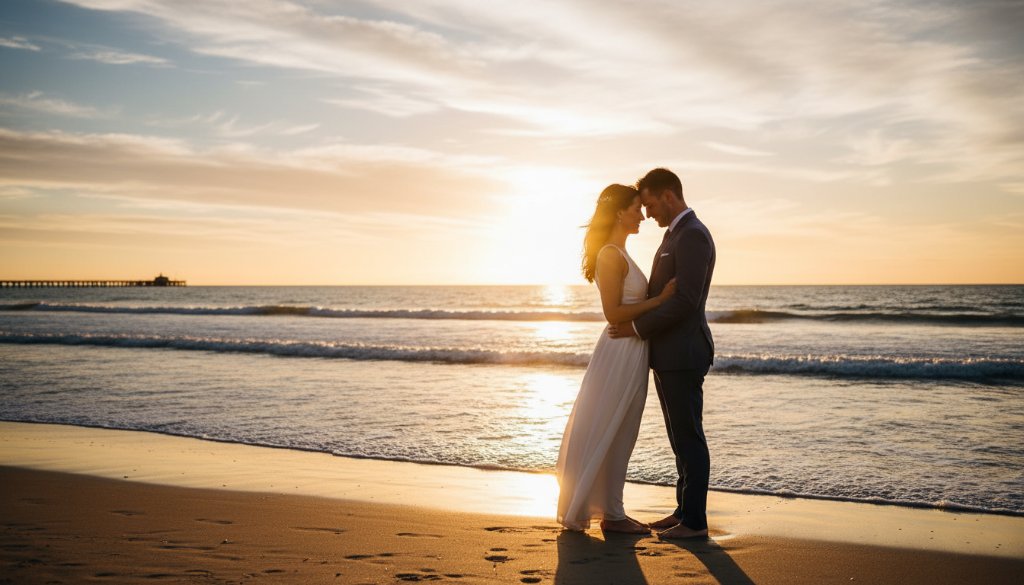 An epic moment of a newlywed couple embracing passionately at sunset on Aspendale beach, with the golden light reflecting off the water, perfectly encapsulating authentic Aspendale beach wedding photography memories.