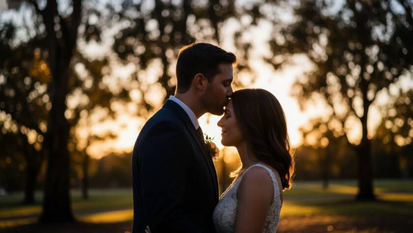 An epic moment of a newlywed couple laughing joyfully, backlit by the golden hour sun through eucalyptus trees at a Bayswater, Victoria wedding, showcasing authentic Bayswater wedding photography joy.