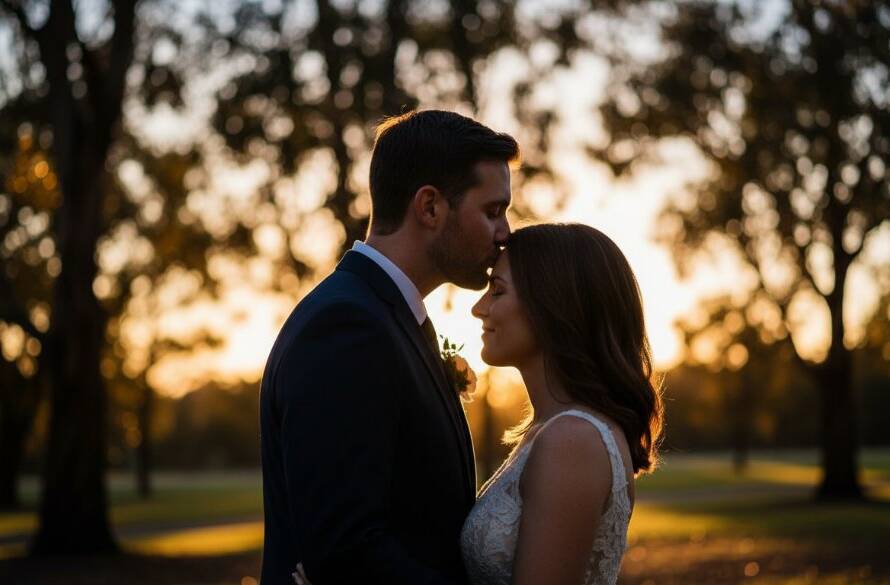 An epic moment of a newlywed couple laughing joyfully, backlit by the golden hour sun through eucalyptus trees at a Bayswater, Victoria wedding, showcasing authentic Bayswater wedding photography joy.