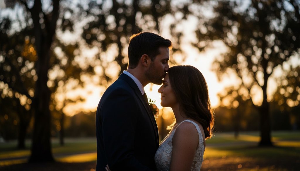 An epic moment of a newlywed couple laughing joyfully, backlit by the golden hour sun through eucalyptus trees at a Bayswater, Victoria wedding, showcasing authentic Bayswater wedding photography joy.