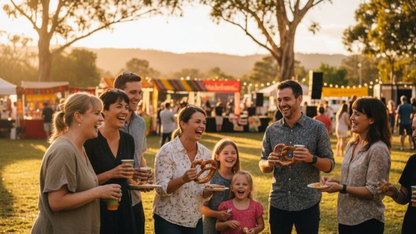 A wide shot capturing an authentic Boronia event photography moment, featuring a joyous community celebration at the Boronia Junction Square, with golden hour sunlight dramatically illuminating laughter and interaction, encapsulating the vibrant spirit of the event.