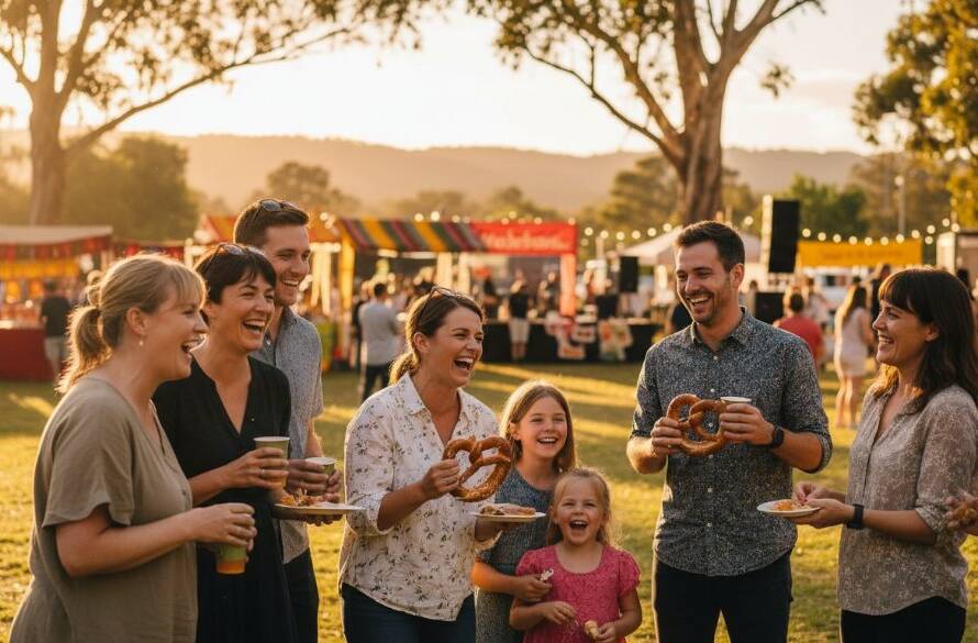 A wide shot capturing an authentic Boronia event photography moment, featuring a joyous community celebration at the Boronia Junction Square, with golden hour sunlight dramatically illuminating laughter and interaction, encapsulating the vibrant spirit of the event.