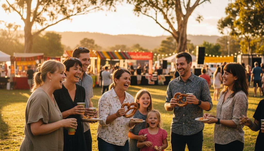 A wide shot capturing an authentic Boronia event photography moment, featuring a joyous community celebration at the Boronia Junction Square, with golden hour sunlight dramatically illuminating laughter and interaction, encapsulating the vibrant spirit of the event.