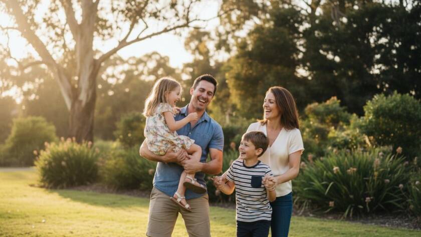An emotionally resonant, epic moment capturing authentic Boronia family moments candidly, showing a young family sharing a joyful, unscripted laugh in a golden-hour-drenched park in Boronia, Victoria, professionally colour-graded with soft, warm light.