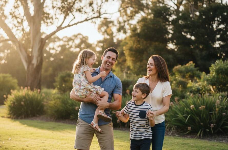 An emotionally resonant, epic moment capturing authentic Boronia family moments candidly, showing a young family sharing a joyful, unscripted laugh in a golden-hour-drenched park in Boronia, Victoria, professionally colour-graded with soft, warm light.
