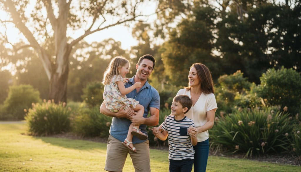 An emotionally resonant, epic moment capturing authentic Boronia family moments candidly, showing a young family sharing a joyful, unscripted laugh in a golden-hour-drenched park in Boronia, Victoria, professionally colour-graded with soft, warm light.