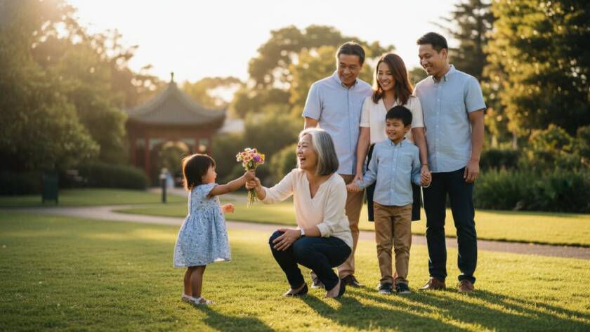 A heartwarming candid photograph capturing authentic Box Hill candid family photography: A family of four (parents, two young children) laughing joyfully while playing with bubbles in a sun-dappled park in Box Hill, Victoria, with the local architecture subtly in the background, professional and vibrant.