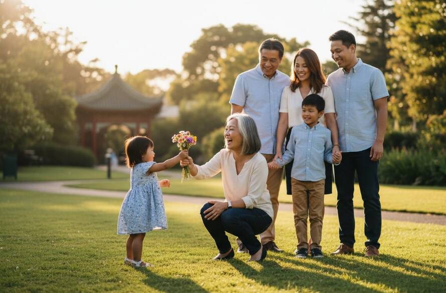 A heartwarming candid photograph capturing authentic Box Hill candid family photography: A family of four (parents, two young children) laughing joyfully while playing with bubbles in a sun-dappled park in Box Hill, Victoria, with the local architecture subtly in the background, professional and vibrant.