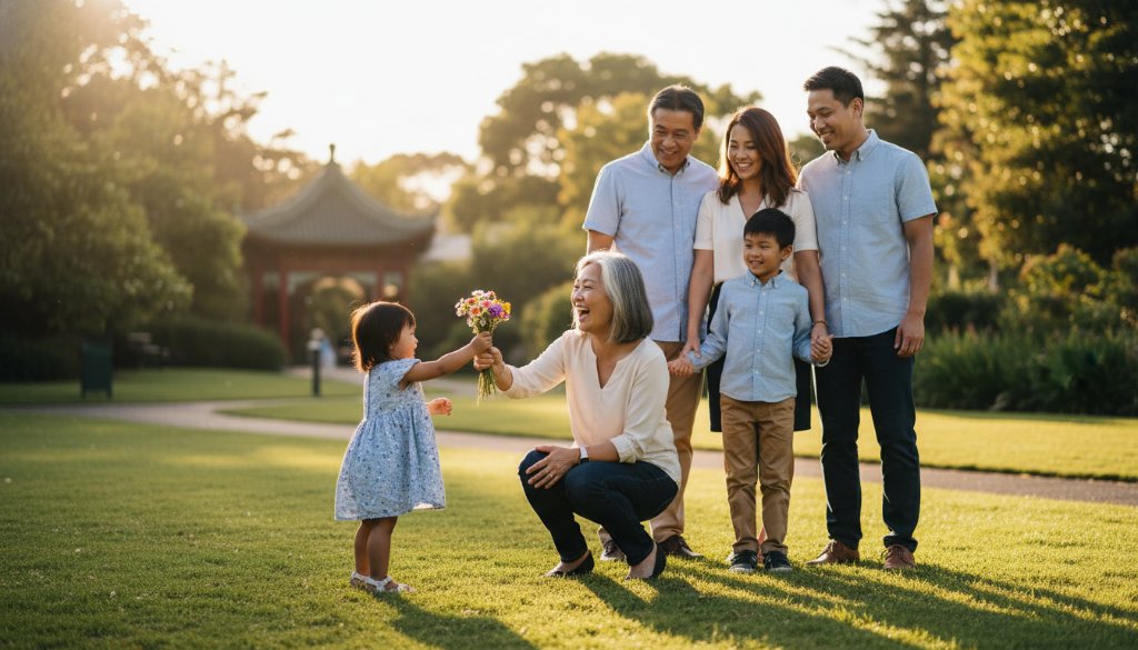 A heartwarming candid photograph capturing authentic Box Hill candid family photography: A family of four (parents, two young children) laughing joyfully while playing with bubbles in a sun-dappled park in Box Hill, Victoria, with the local architecture subtly in the background, professional and vibrant.