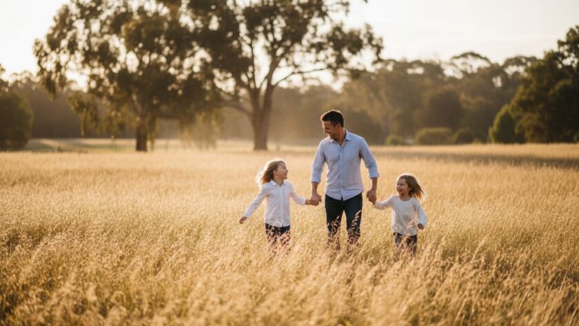 An intimate, emotionally charged photograph capturing authentic candid family moments Alfredton Victoria, showing a family laughing joyfully under golden hour light in a local Alfredton park, depicting genuine connection and happiness.