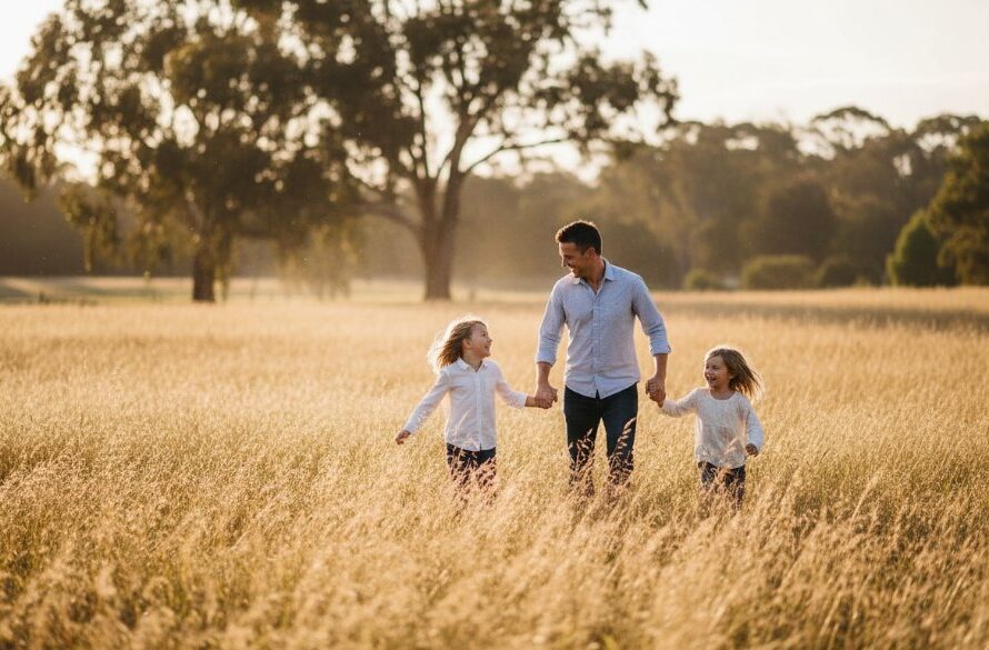 An intimate, emotionally charged photograph capturing authentic candid family moments Alfredton Victoria, showing a family laughing joyfully under golden hour light in a local Alfredton park, depicting genuine connection and happiness.