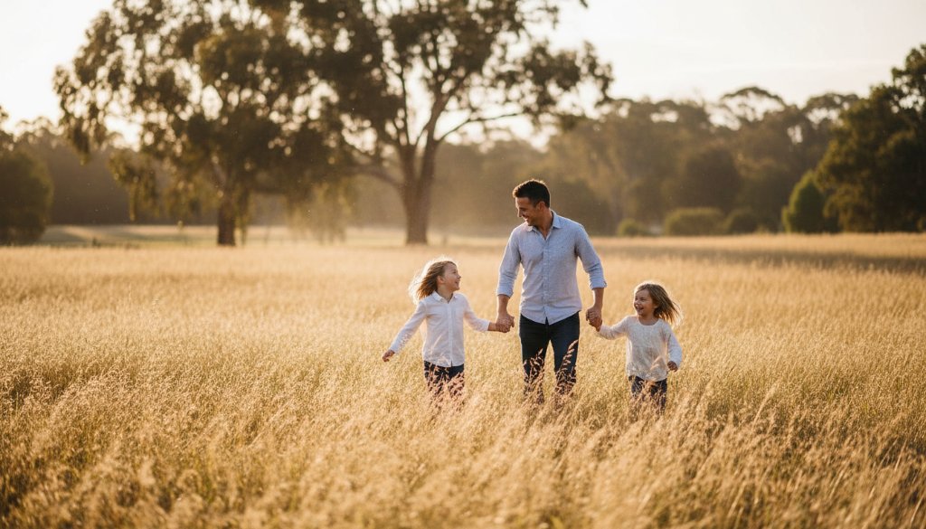 An intimate, emotionally charged photograph capturing authentic candid family moments Alfredton Victoria, showing a family laughing joyfully under golden hour light in a local Alfredton park, depicting genuine connection and happiness.