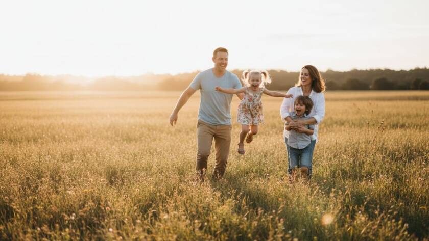 A heartwarming, epic moment of a family laughing genuinely in a sun-drenched park in Croydon Hills, beautifully illustrating the art of capturing authentic candid family moments Croydon Hills, with professional color grading and dramatic lighting.
