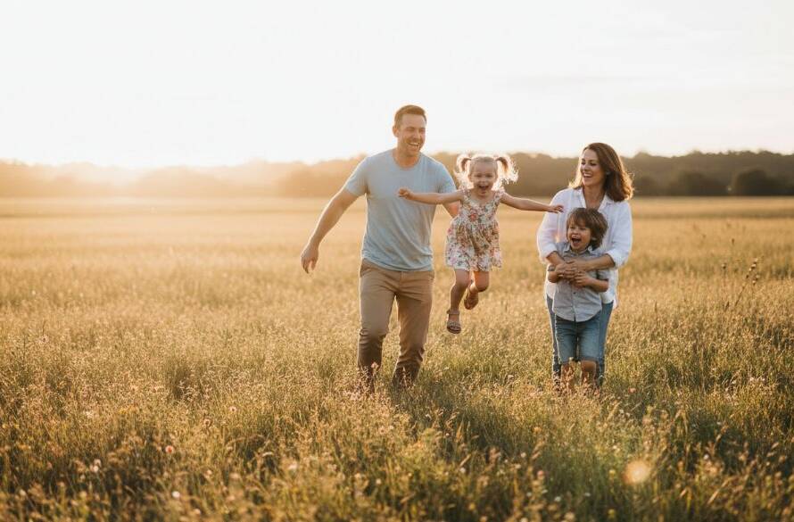 A heartwarming, epic moment of a family laughing genuinely in a sun-drenched park in Croydon Hills, beautifully illustrating the art of capturing authentic candid family moments Croydon Hills, with professional color grading and dramatic lighting.