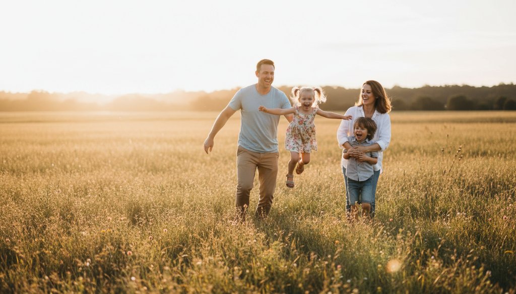 A heartwarming, epic moment of a family laughing genuinely in a sun-drenched park in Croydon Hills, beautifully illustrating the art of capturing authentic candid family moments Croydon Hills, with professional color grading and dramatic lighting.