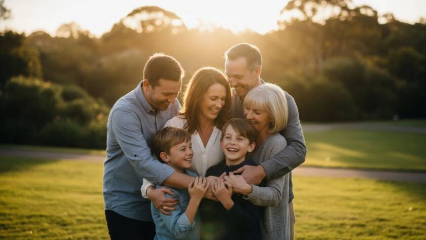 An emotional candid moment of a family embracing warmly in a sun-drenched park in Croydon South, Victoria, expertly capturing authentic candid family moments Croydon South with professional cinematic lighting.
