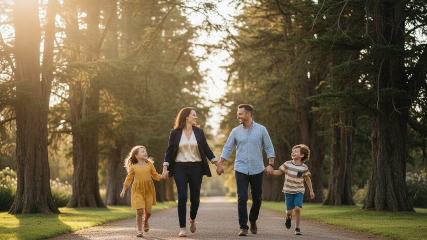 A heartwarming, candid photograph of a family laughing joyfully during an outdoor picnic in the lush Hamilton Botanic Gardens, perfectly illustrating capturing authentic candid family moments Hamilton Victoria, with golden hour lighting.