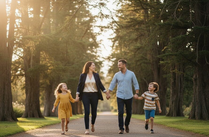 A heartwarming, candid photograph of a family laughing joyfully during an outdoor picnic in the lush Hamilton Botanic Gardens, perfectly illustrating capturing authentic candid family moments Hamilton Victoria, with golden hour lighting.